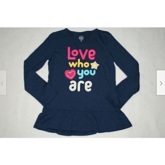 Girls L/S Knit T-Shirt NAVY BLUE TUNIC Ruffled LOVE WHO YOU ARE Size 6-6X - Picture 1 of 1